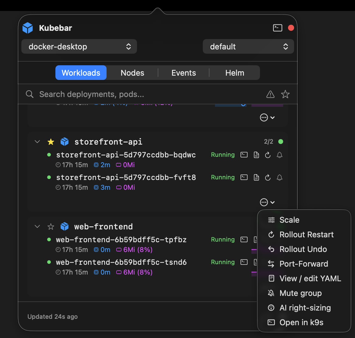 Kubebar – Aktionen: Scale, Rollout, Port-Forward, YAML, Right-Sizing, k9s