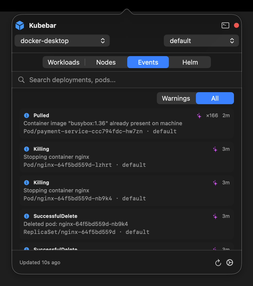 Kubebar – Cluster-Events (Warnungen / Alle)